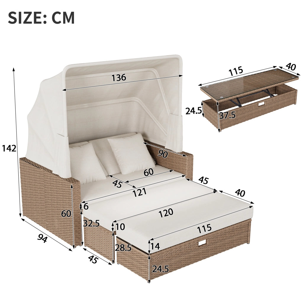 Mobili giardino polyrattan 2-4 persone: Divanooo lounge + tavolino regolabile + tendalino; kaki