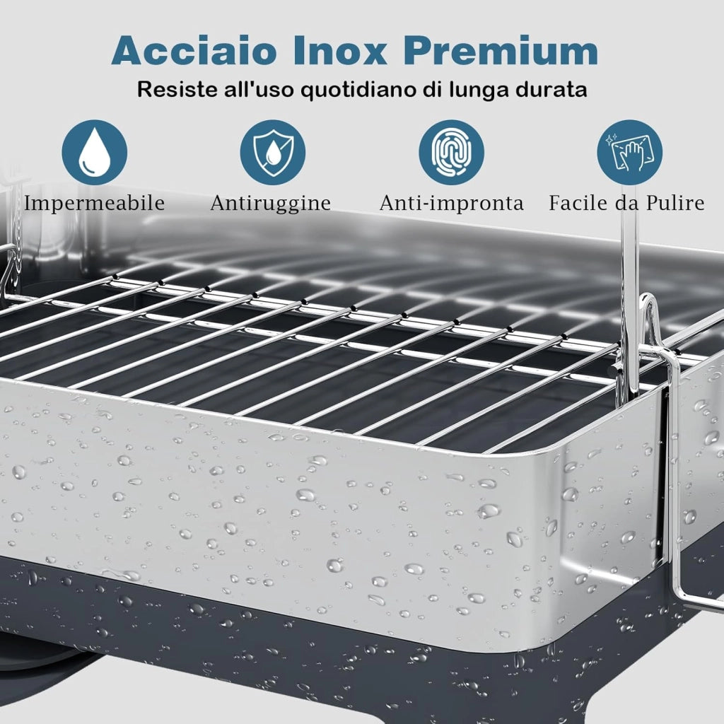 Scolapiatti da Appoggio a 2 Livelli, in Acciaio Inox con Porta Bicchieri, Piatti, Ciotole, Tazze, Posate e Vassoio Raccogligocce, Scolapiatti da Lavello con Ugello Estensibile Girevole a 360°