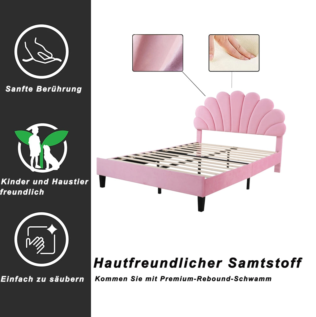 Letto matrimoniale imbottito 140x200 cm con testiera a fiori; velluto rosa; rete a doghe