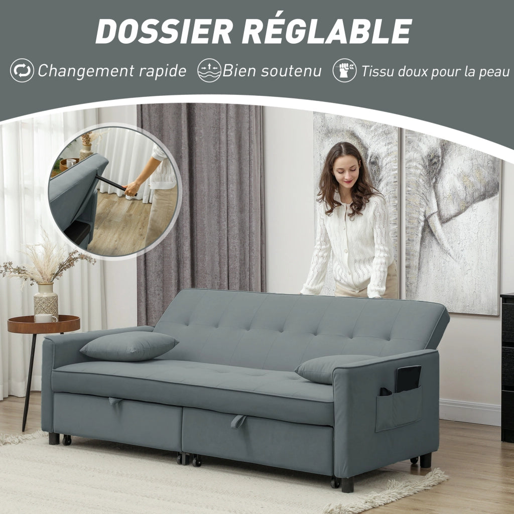 Divano letto 3 posti reversibile con schienale regolabile e cuscini ¨C Minimal ¨C Grigio 196x90x89 cm