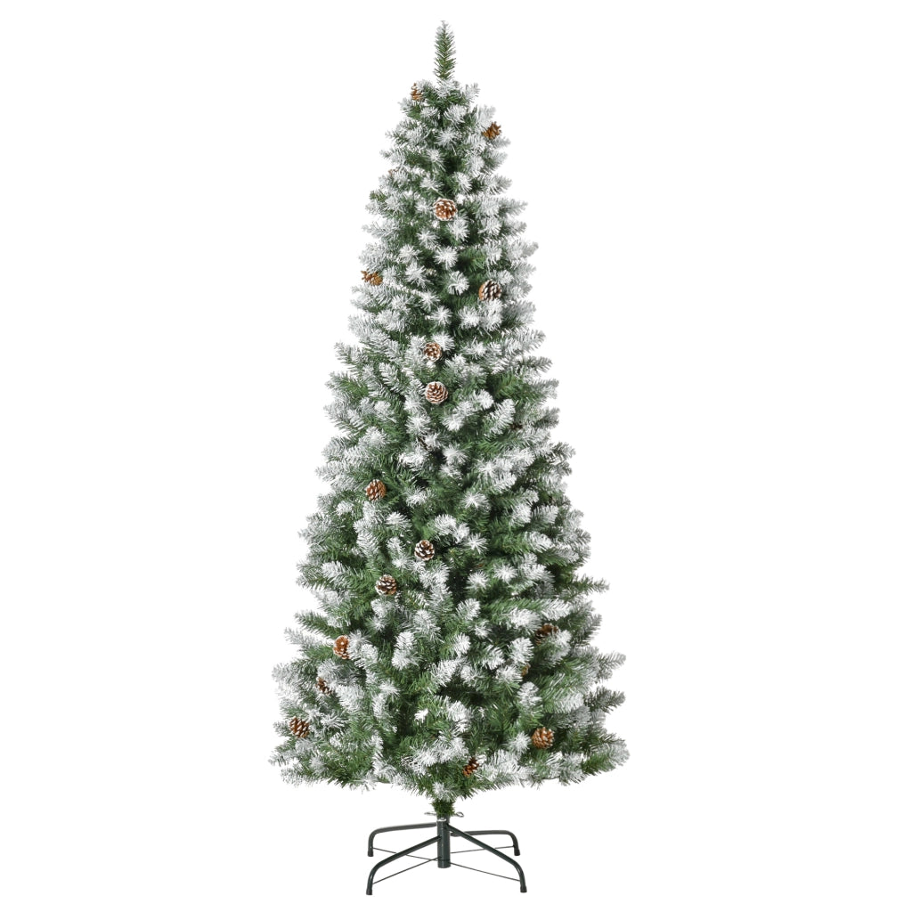 Albero di Natale Innevato da 180 cm con 630 Rami e 37 Pigne, in Plastica e Metallo, Verde e Bianco
