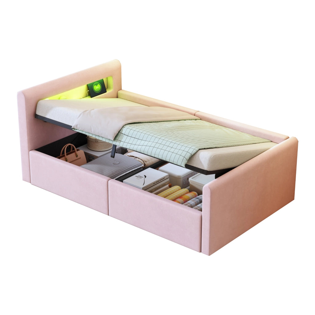Letto 90x200 cm - Letto imbottito,Con luce notturna,Porta di ricarica USB,Con vani portaoggetti,Velluto,Funzione di accumulo idraulico,Rosa