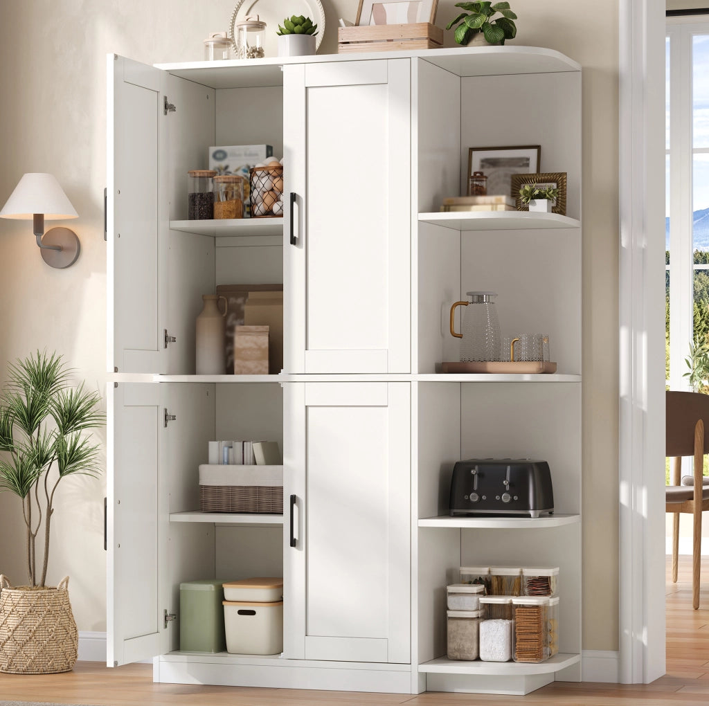 Credenza alta bianca con 4 vani aperti e ante; 103x40x163 cm in MDF