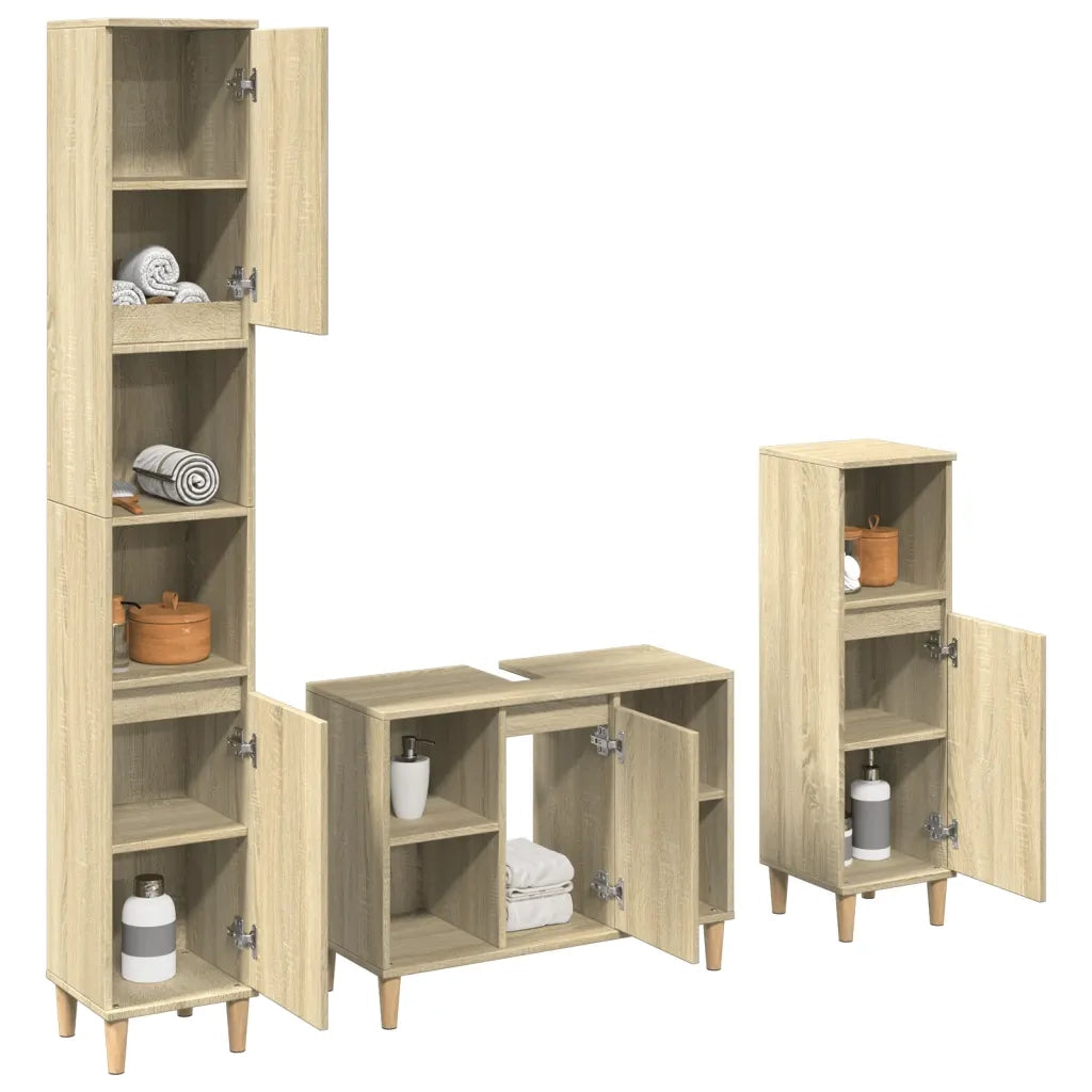 Set Mobili da Bagno | Armadio da bagno 3 pz Rovere Sonoma in Legno Multistrato