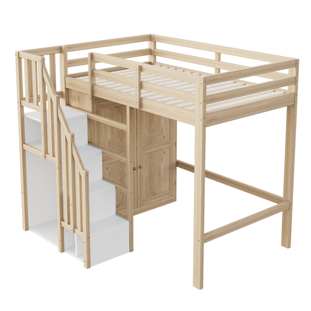 OKWISH Letto a Soppalco 90×200 cm, Letto Singolo con Scala Contenitore, Armadio e Barra Appendiabiti, senza Materasso, Legno Naturale