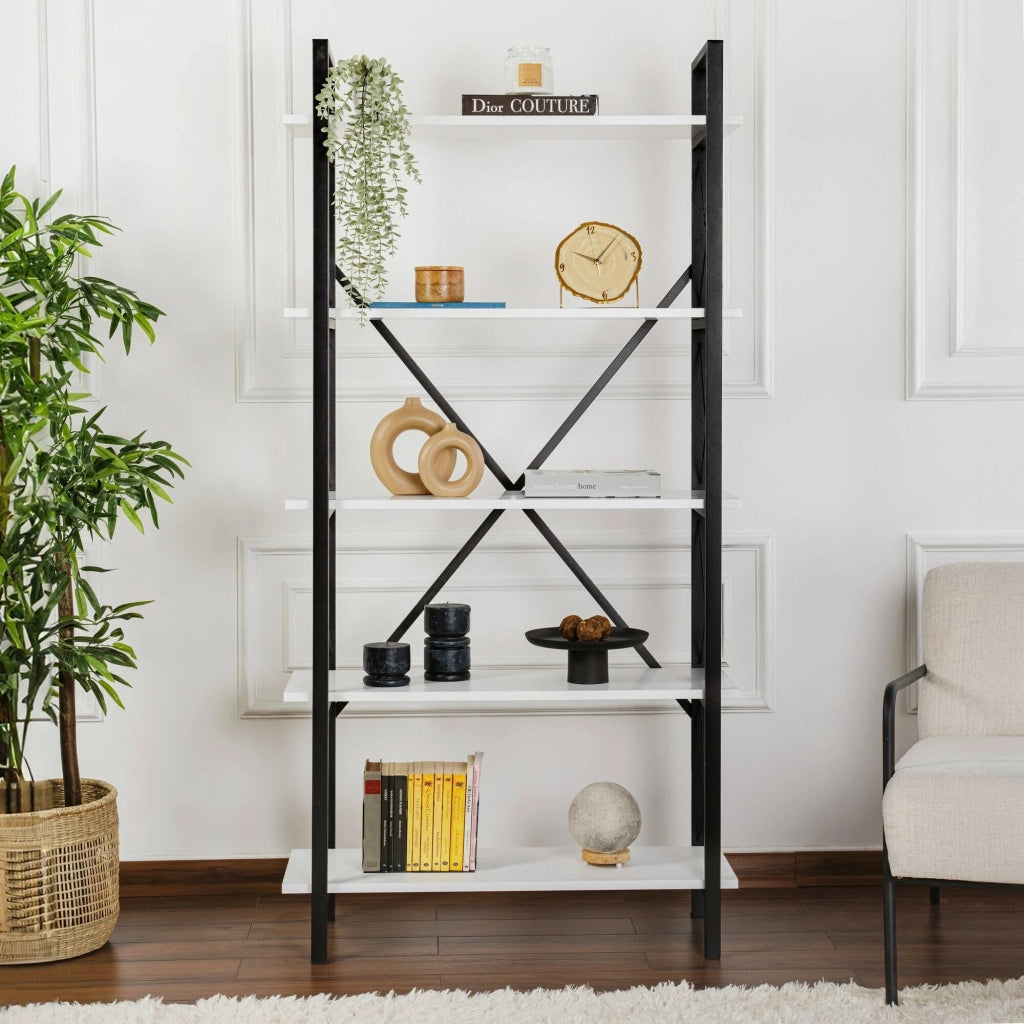 Libreria Suriel, Scaffale da ufficio, Mobile portalibri, Biblioteca, 90x34 h180 cm, Bianco e Nero