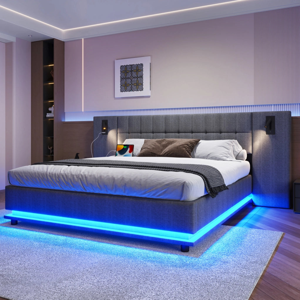 Letto imbottito 180x200 cm grigio con LED, USB e spot