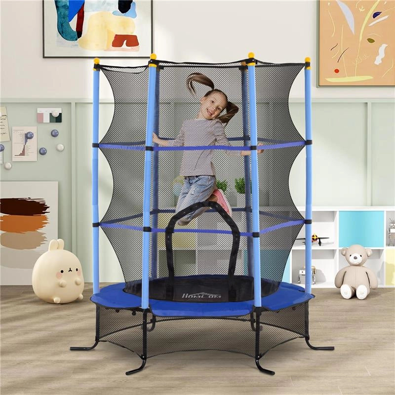 TRAMPOLINO ELASTICO PER BAMBINI Ï1.6X1.9 M CON RETE DI SICUREZZA E PALI IMBOTTITI, ETÓ 3-10 ANNI, BLU
