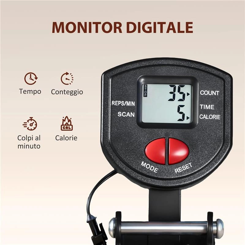 VOGATORE PIEGHEVOLE CON MONITOR LCD E SEDILE IMBOTTITO, RESISTENZA A ELASTICO, CAPACITÀ 150 KG
