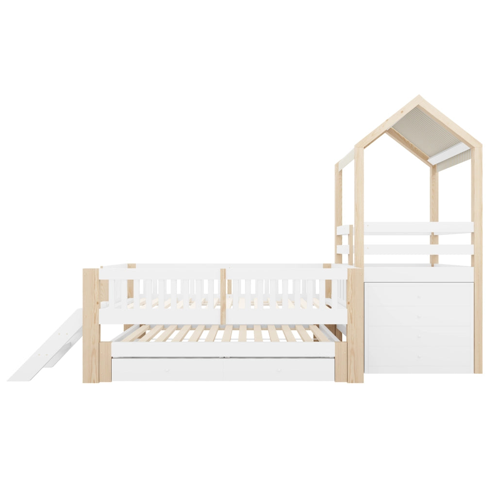 Letto per bambini a casetta 90 × 200 cm con letto estraibile 90 × 190 cm, cassetti e scaletta, senza materasso