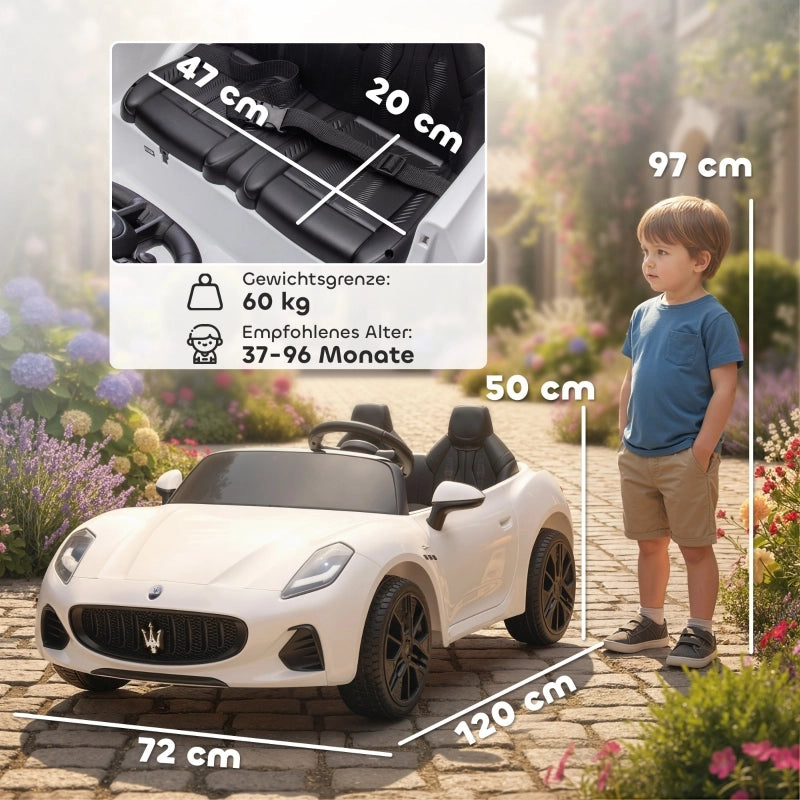 Maserati auto elettrica per bambini, 2 posti, alimentazione a batteria 12V, telecomando, luci a LED, funzione musicale, bianca
