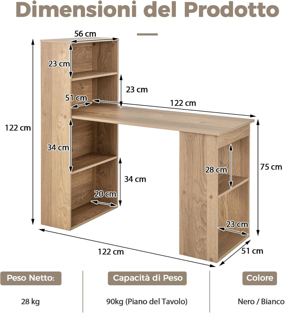 Scrivania per Computer con Libreria, Scrivania Moderna Porta PC con 6 Ripiani, Mobile Scrivania con Ripiani Regolabile Ampia Base per Casa, Ufficio (naturale)