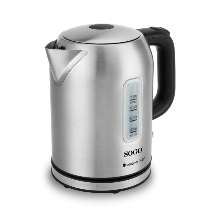 Bollitore elettrico 1L 2200W in acciaio inox, base girevole 360° con autospegnimento e resistenza nascosta - Sogo