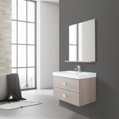 Mobile bagno sospeso 75x51 cm rovere chiaro con due cassetti completo di lavabo specchio e mensola Bravo