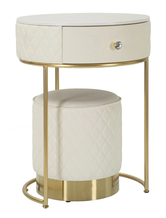 Comodino Toeletta con Puff Sharon Ø52x70 cm - Ø36x39 cm in Pino e MDF e Metallo e Plastica