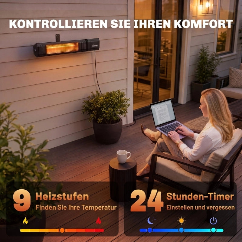 Stufa a infrarossi a parete 2000 W in carbonio; app WiFi e telecomando; 9 livelli; nero