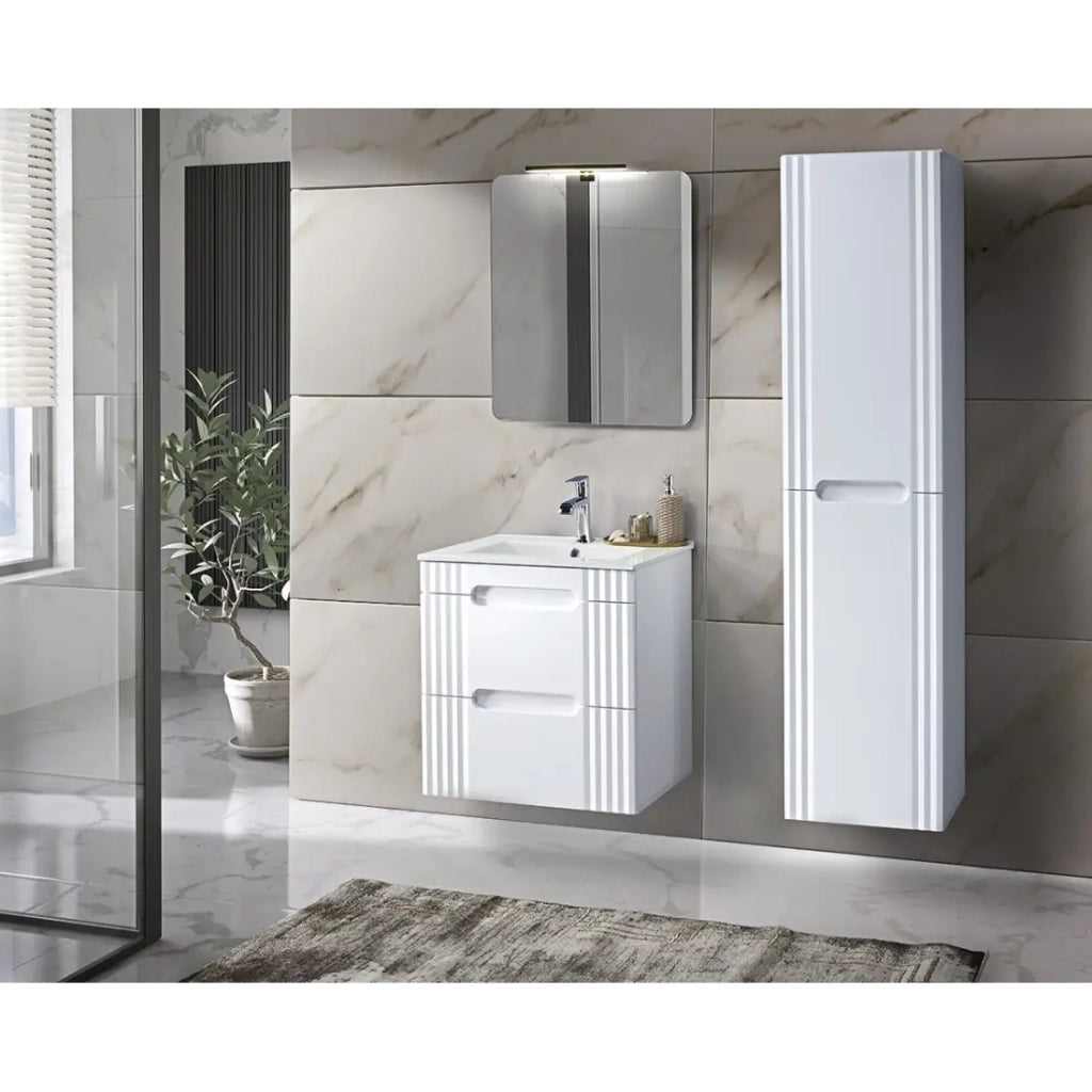 Mobile sottolavabo FIDJI 60 cm – Bianco alpino lucido – 2 cassetti – Fissaggio a muro o a terra