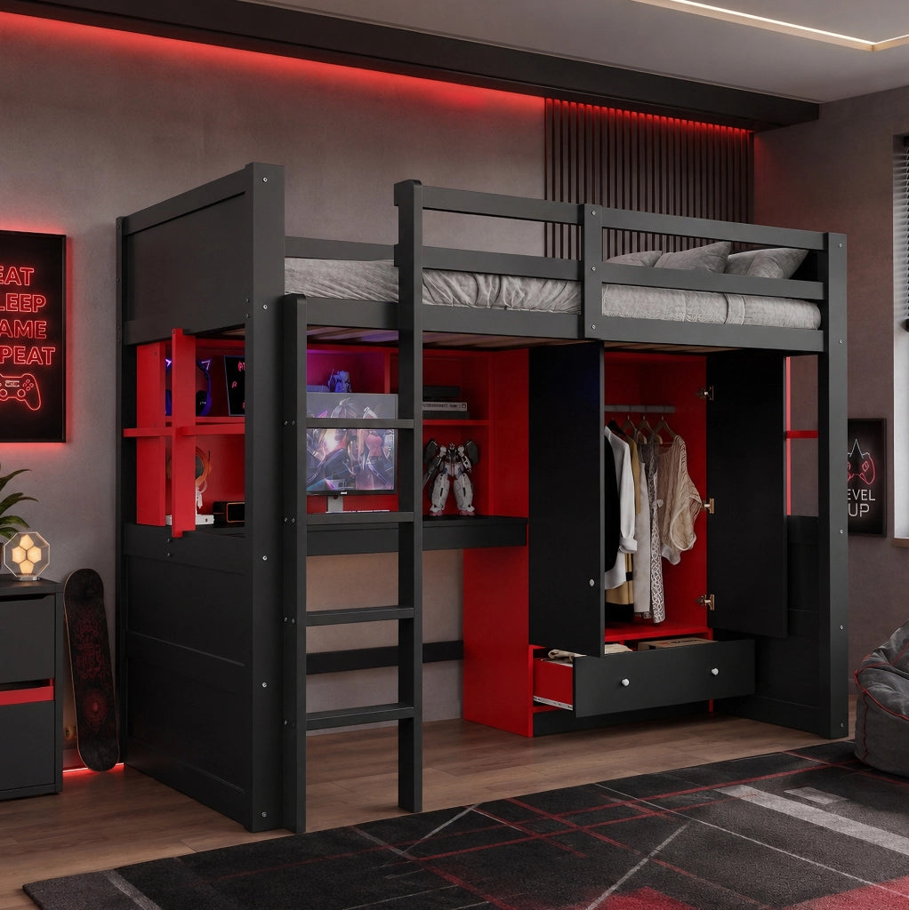 Letto a soppalco ULEVR 90x200 cm con scrivania, armadio, cassetti, LED e prese, nero e rosso