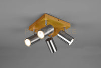 MARLEY PLAFONIERA 4 SPOTS CILINDRI  ACCIAIO BASE LEGNO NATURALE L. 22CM ATTACCO GU10