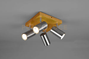 MARLEY PLAFONIERA 4 SPOTS CILINDRI  ACCIAIO BASE LEGNO NATURALE L. 22CM ATTACCO GU10