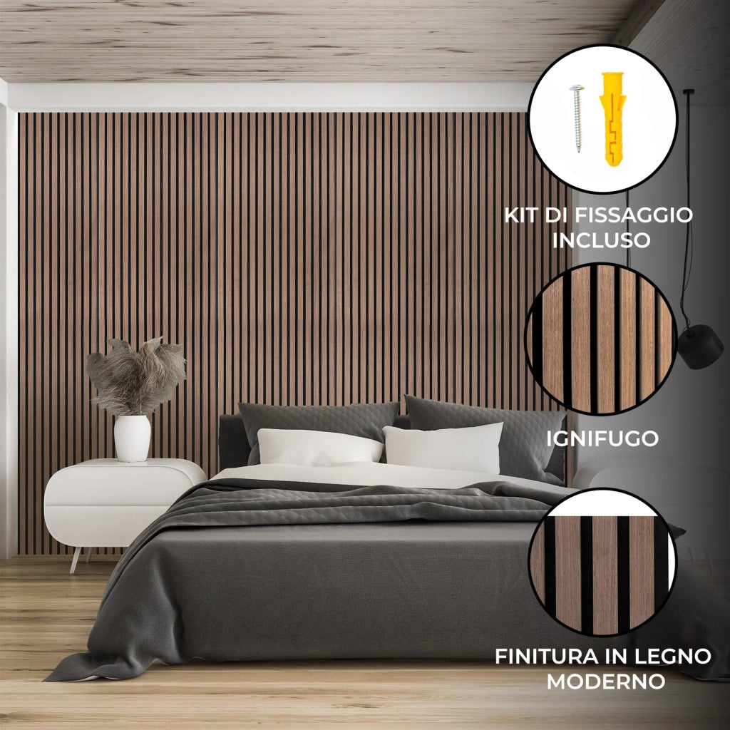 Tre Pannelli Fonoassorbenti con Doghe Noce Scuro Moderno Lusso 3D 2400 x 600mm