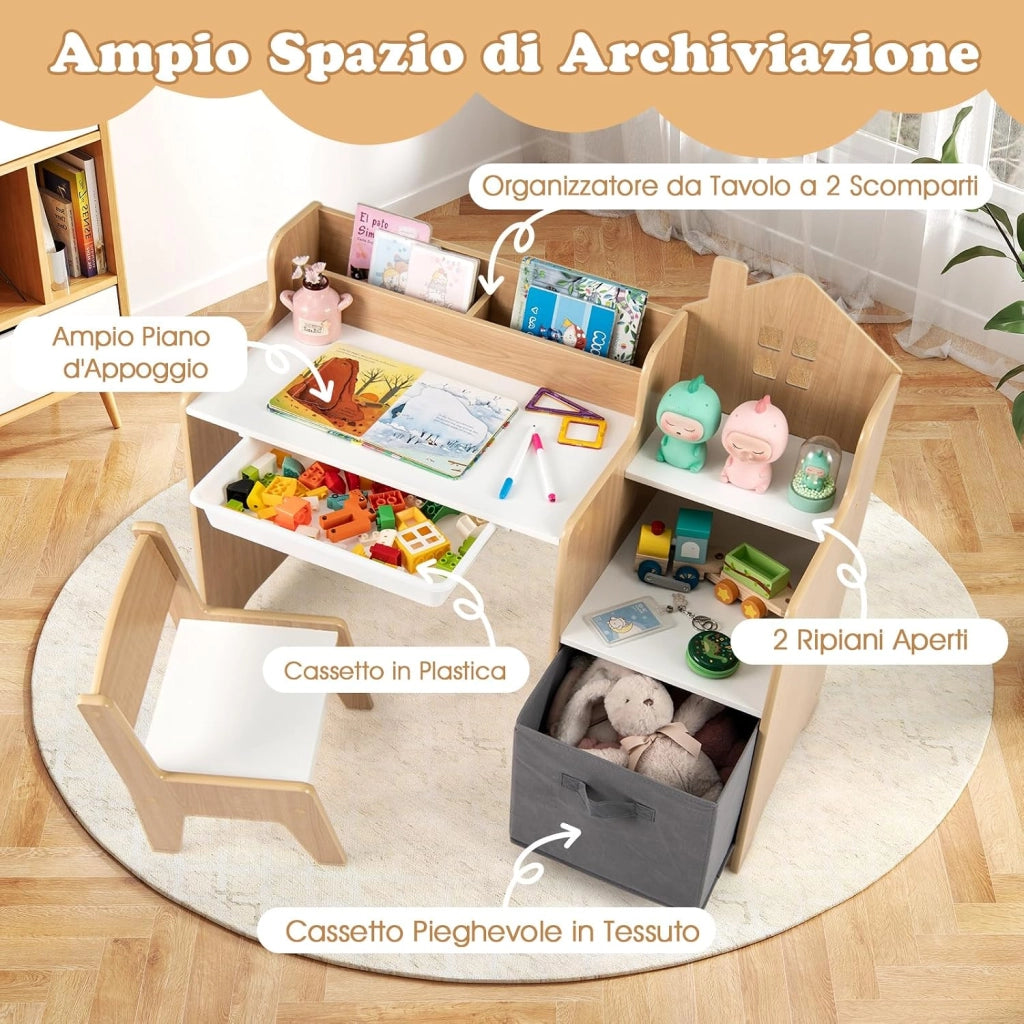 Set Scrivania e Sedia per Bambini 3-12 Anni, Tavolo e Sedia in Legno Salvaspazio con Cassetto in Plastica e Cassetto in Tessuto, Banco Scuola e Seggiola per Cameretta (Naturale)