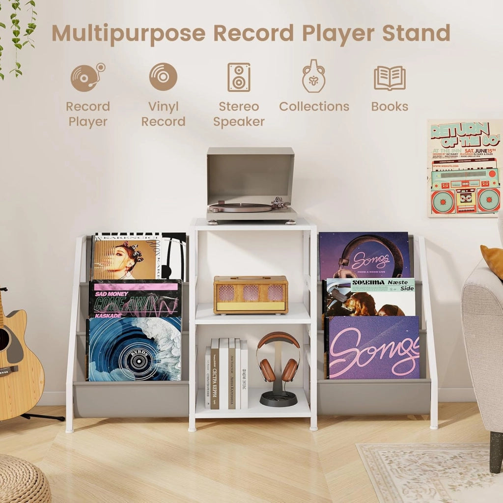 GIANTEX Supporto per giradischi, mobile platino in vinile con 3 ripiani aperti, 6 tasche, per 200 album, telaio in metallo, combinazione flessibile, per soggiorno, studio, camera da letto (nero)