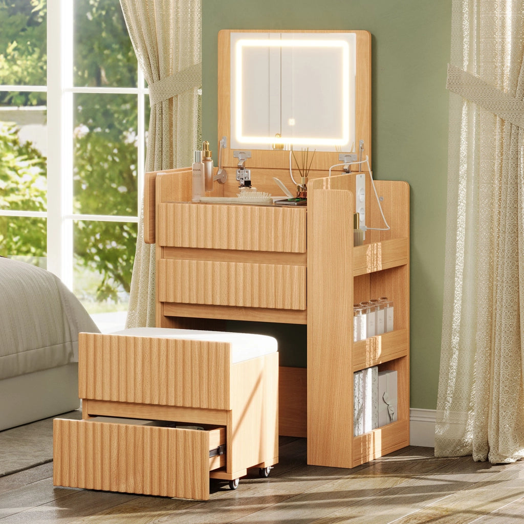 TOELETTA con specchio LED pieghevole 79x120x40 cm Natural con sgabello