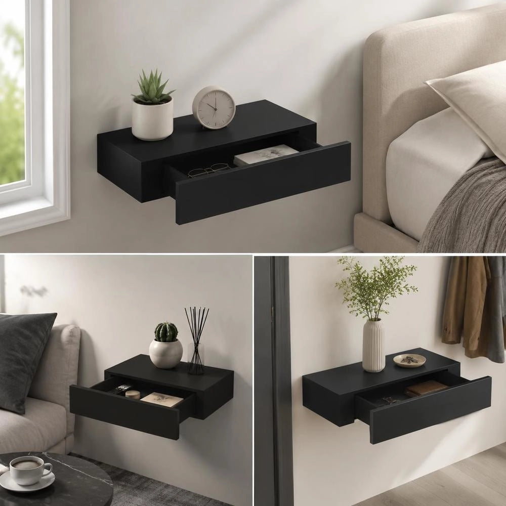 Floating Shelf With Drawer, Black, 48x25x8 Cm