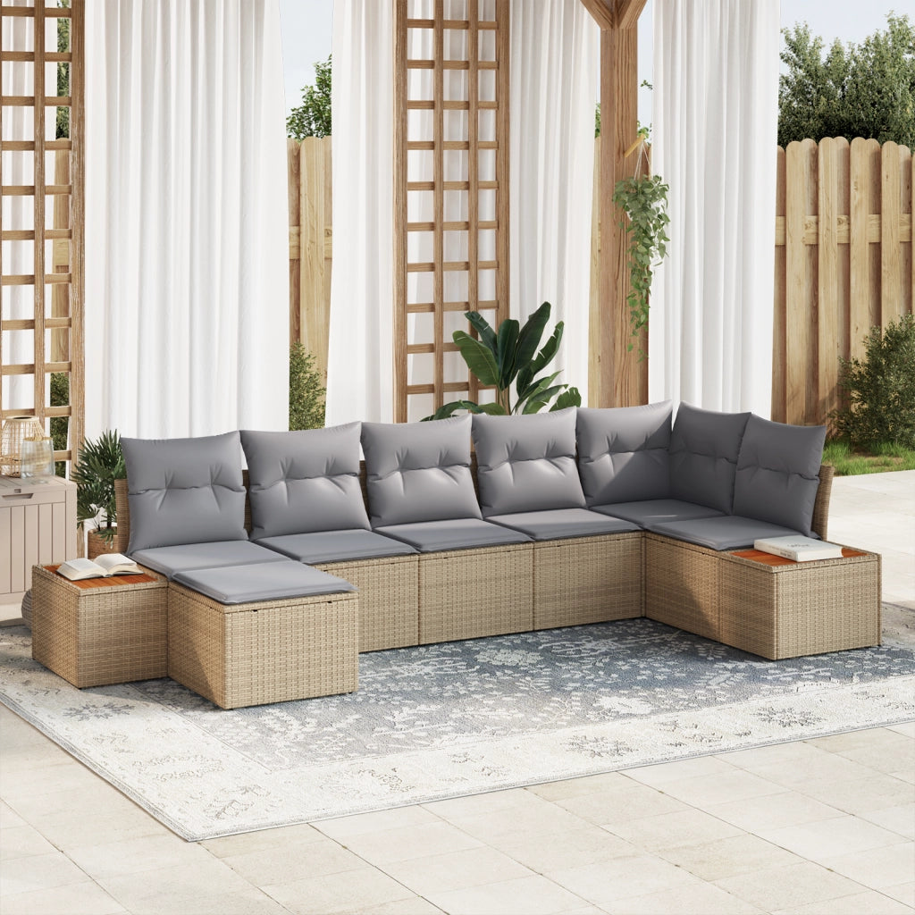 Set Divano da Giardino 7 Pezzi con Cuscini Beige Polyrattan Acacia