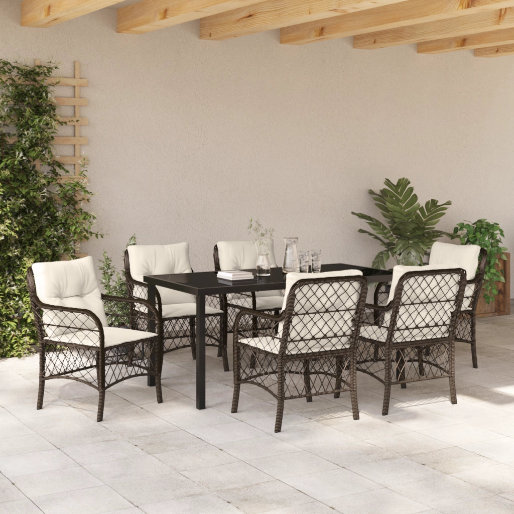 Set di Mobili da Pranzo da Giardino di 7 Pezzi con Cuscini Marrone Rattan Polimerico