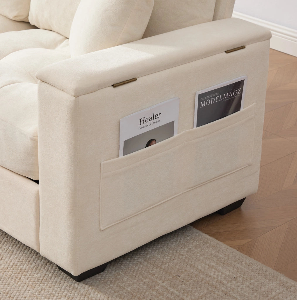 Divano 2 posti in ciniglia beige con contenitore nei braccioli e 2 cuscini HOMVRA