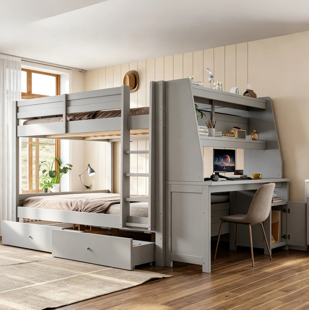 Letto a castello 140x200 cm con scrivania, cassetti e ripiani in grigio