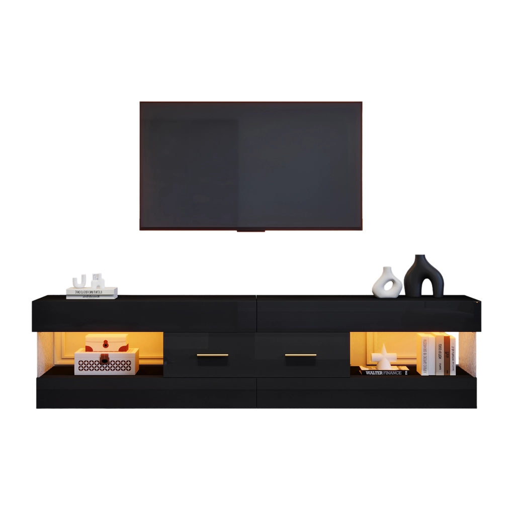 Mobile TV con LED, 152 x 35 x 40 cm, nero lucido con cassetti e vani a giorno