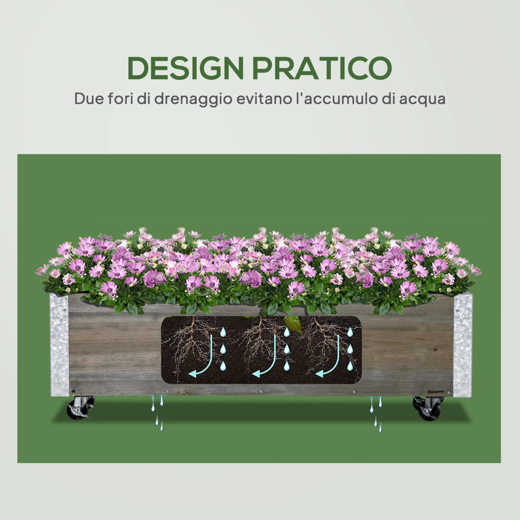 Fioriera Rettangolare in Legno con Ruote ¨C zephmum ¨C 96x30.6x30 cm Grigio