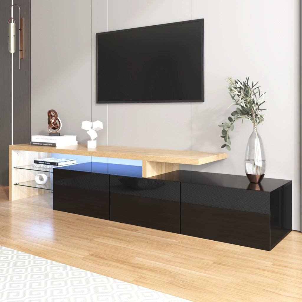 Cassettiera per TV Nero Naturale in MDF e vetro; lunghezza 197;5 cm