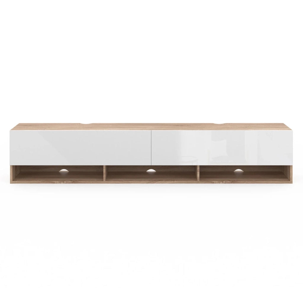IDMarket - Mueble TV suspendido ELIO 2 puertas con estantes de madera y blanco 180 cm