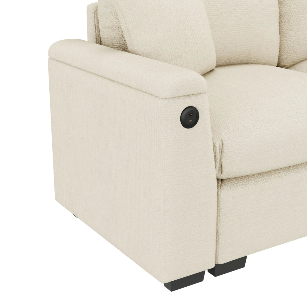 Divano modulare a 3 posti in chenille con USB; tavolino ribaltabile e portabevande; beige