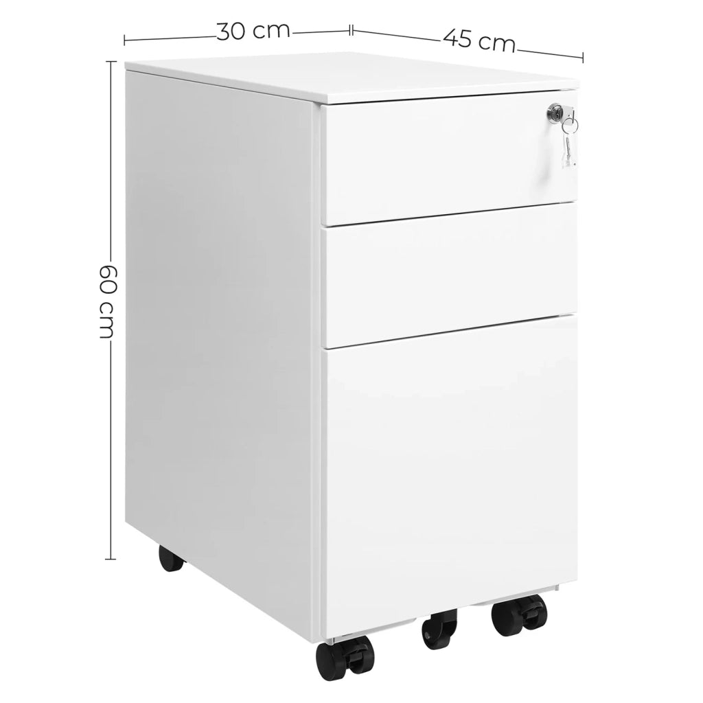 Cassettiera per ufficio su ruote con 3 cassetti e schedario sospeso 30 x 45 x 60 cm armadio per ufficio con serratura per archivi e documenti corpo dell'armadio preassemblato bianco 12_0004807