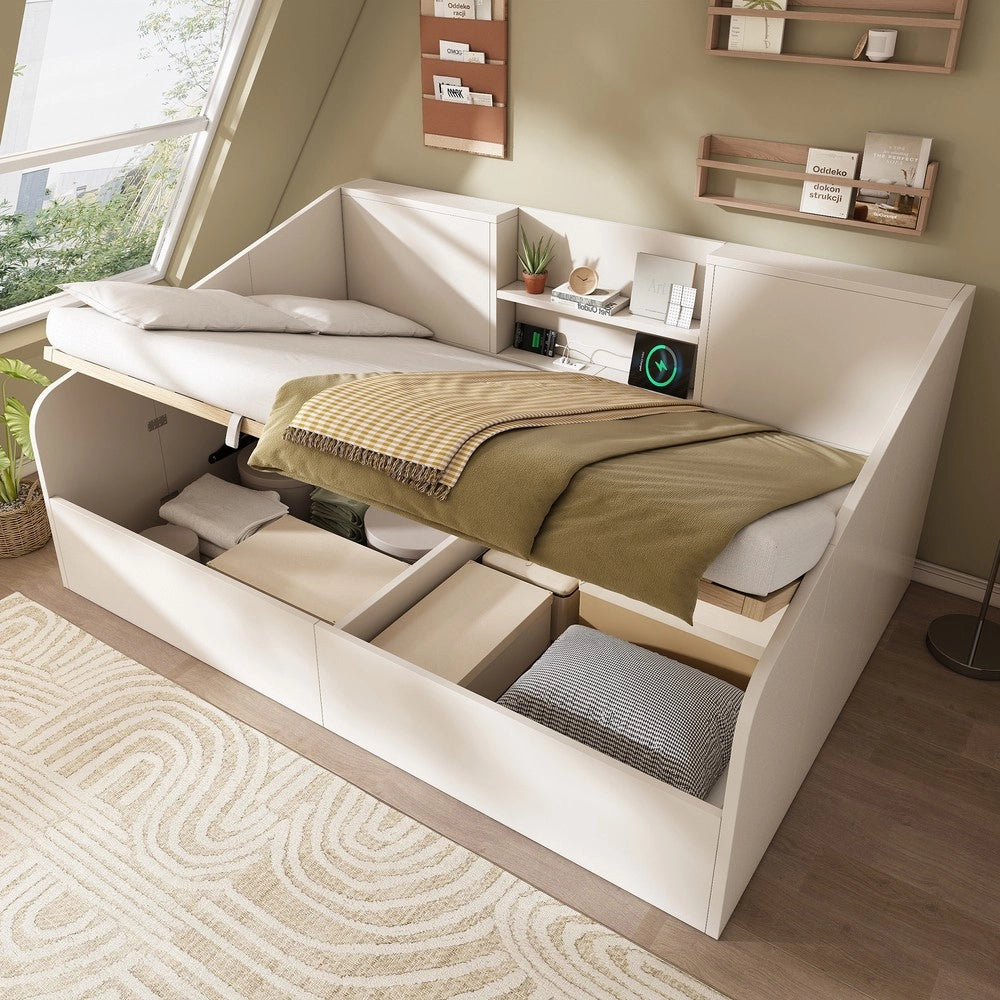 Letto Contenitore Idraulico 140x190 ¨C MINIMAL ¨C Bianco, Legno, con Rete a Doghe, USB