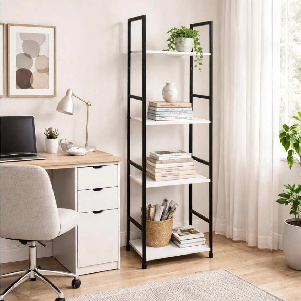 Mobile Scaffale Industrial 4 Ripiani Metallo Nero Legno Mdf Bianco 29x24 H112cm