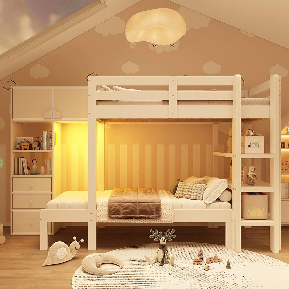 Letto a castello-Xylo-90x200cm, luce notturna, armadio, scaffale, bianco