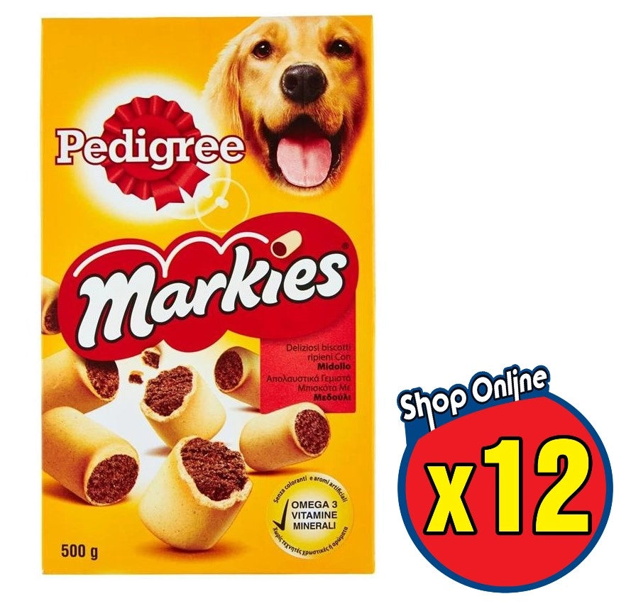 12 PEDIGREE BISCROK MARKIES SNACK BISCOTTI PER CANE RIPIENI CON MIDOLLO 500 GR