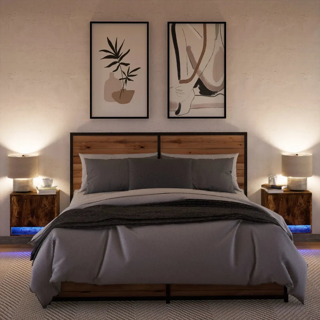 Set di 2 Comodini | Armadio da Notte | Mobiletto da notte a Parete con luci LED Rovere Fumo
