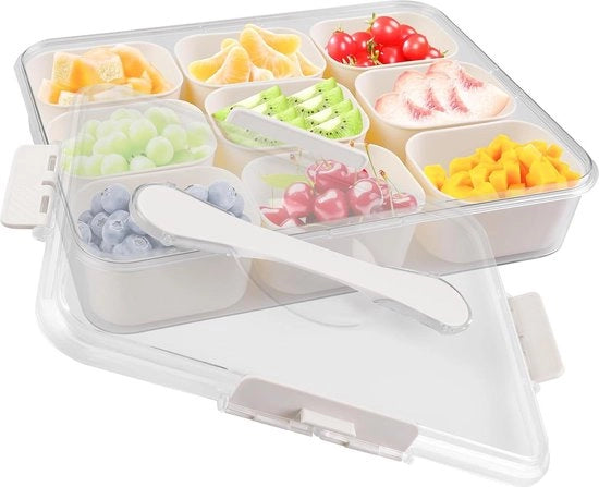 Scatola per snack con contenitori - piatto per snack con coperchio e manico - 9 contenitori - organizzatore per frutta dolci noci biscotti - piatto per snack per riunioni familiari viaggi picnic.