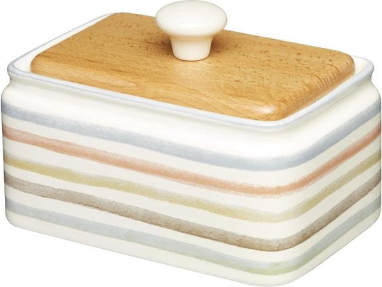 Scatola per burro in ceramica e legno di betulla per la cucina - multicolore - 15 x 11 x 9,5 cm - set da 2 con coperchio