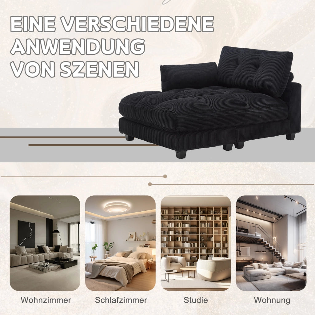 SEDIA LOUNGE in corduroy nero con braccioli reversibili, portabicchieri e porte USB