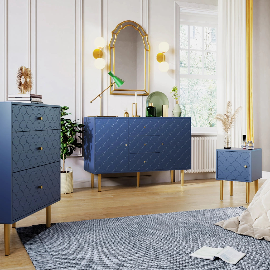 Set di 2 comodini con 1 anta, motivo a scaglie, in legno e metallo, per camera da letto e soggiorno, blu marino
