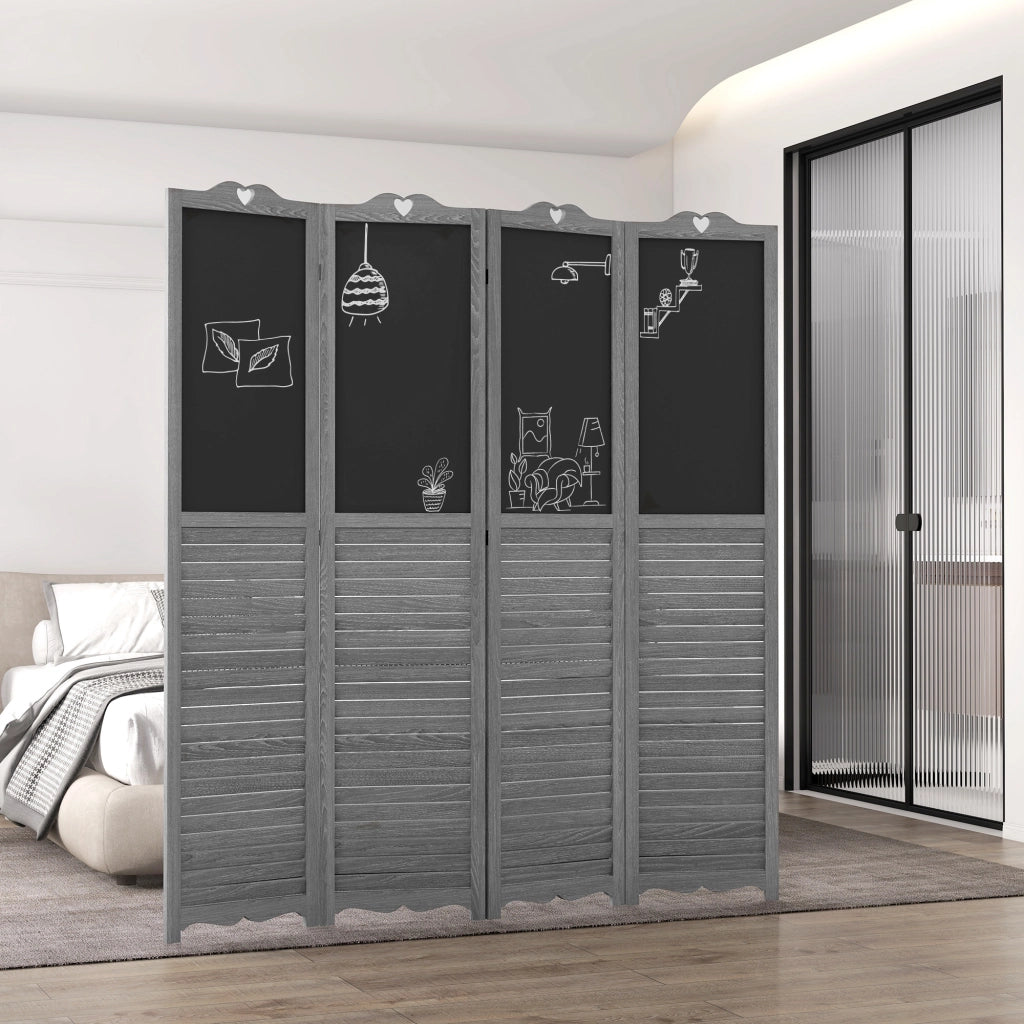 Biombo Separatore Pieghevole 4 Pannelli Legno con Lavagna ¨C Zephmum ¨C 162x172 cm Grigio