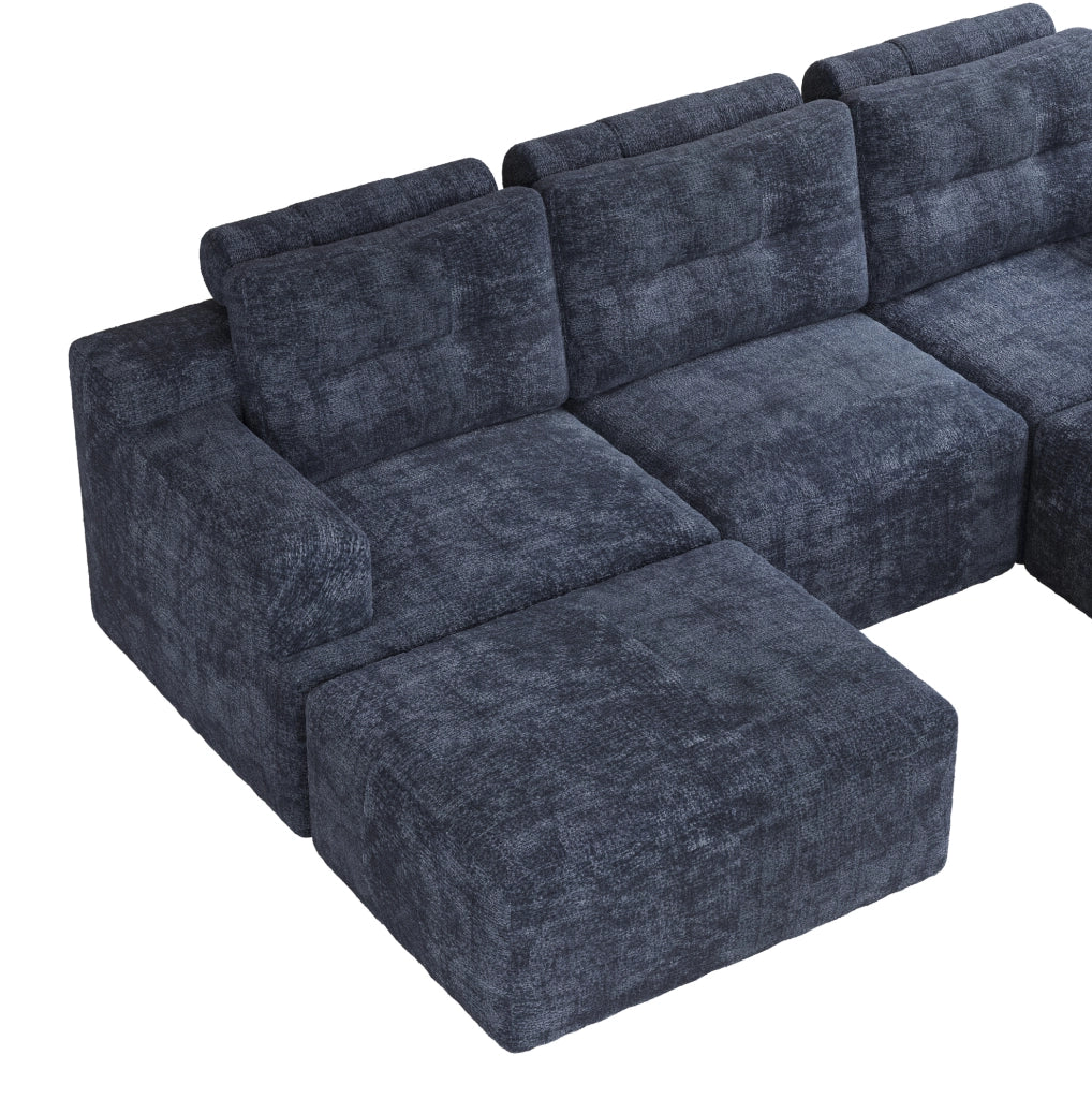 Divano modulare a U 5-6 posti con pouf in ciniglia blu